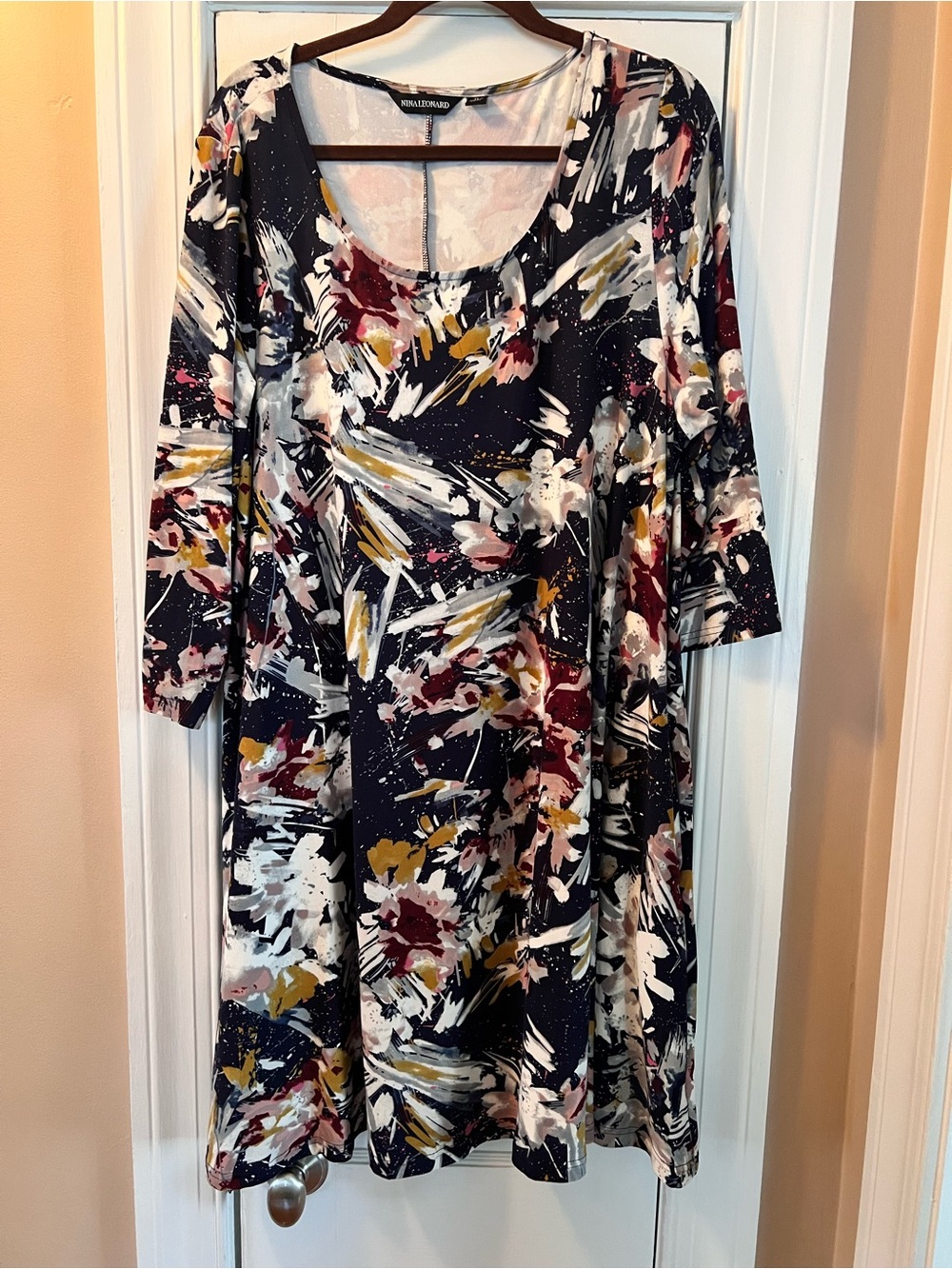 Nina Leonard Navy Abstract Floral Swing Dress